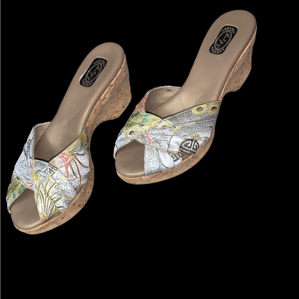 SALPY Oriental Silk Handmade Cork Platform Slip-On Open-Toe Sandals, Size 9